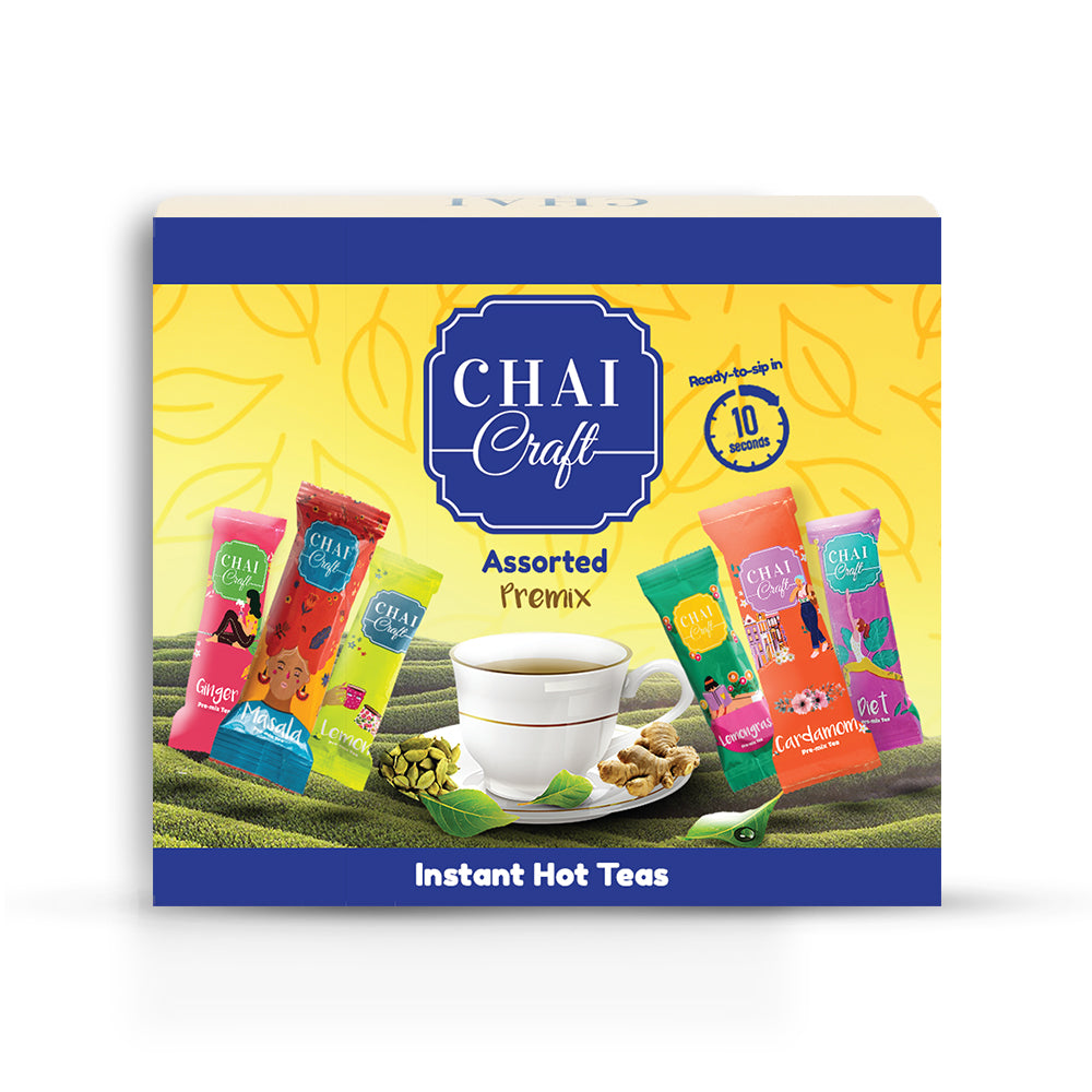 Chai Craft Assorted Instant Hot Tea Pack of 12 sachets in a box front view 