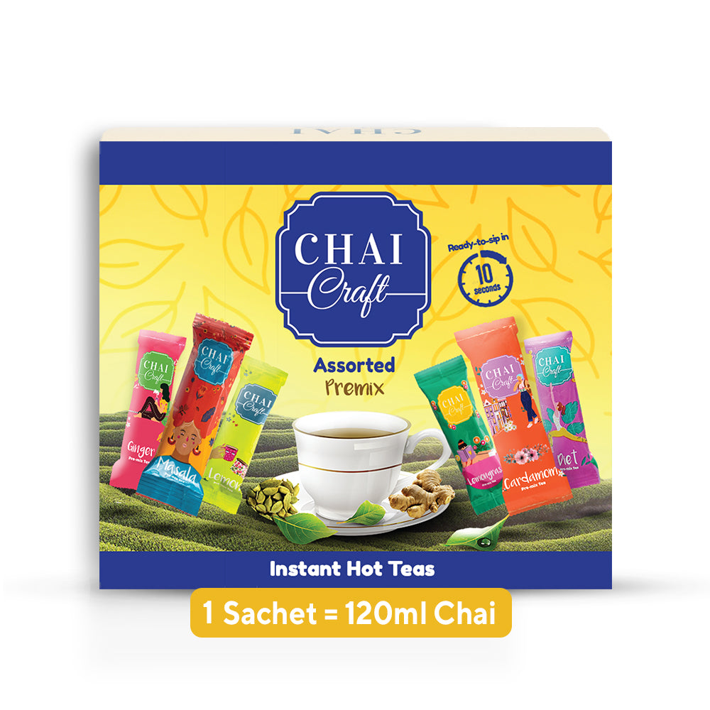 Chai Craft Assorted Instant Hot Tea Pack of 12 sachets in a box sachets content