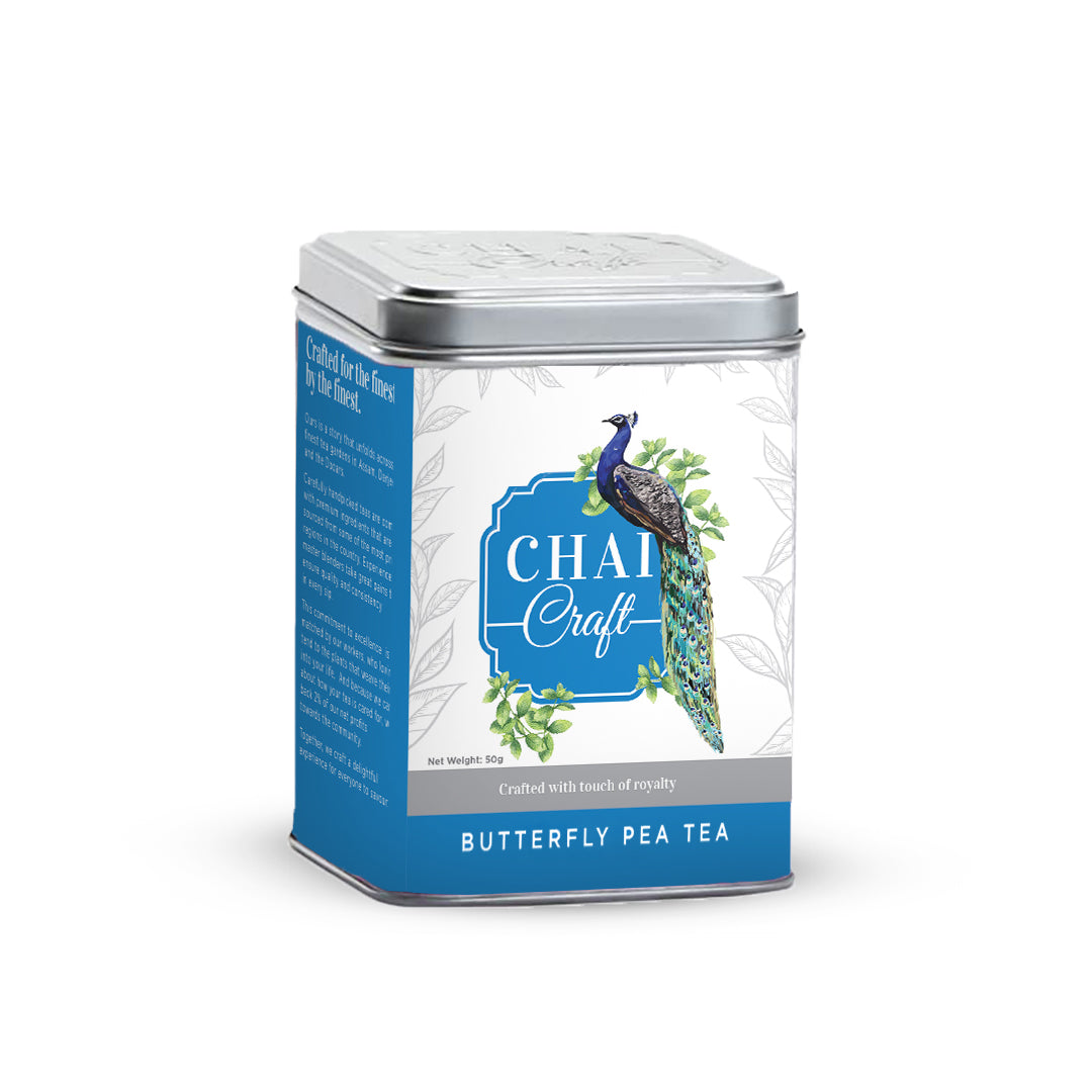 Chai Craft Butterfly Pea tea tin box side view