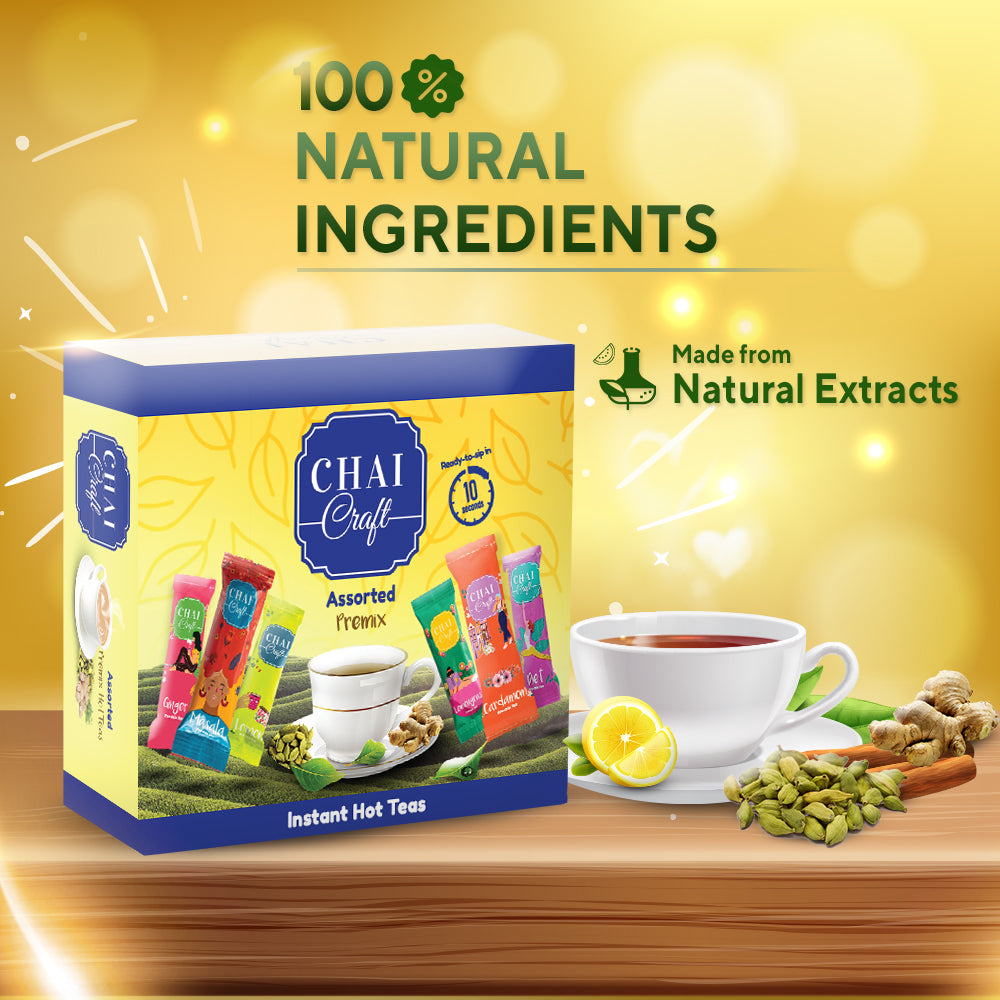 Chai Craft Assorted Instant Hot Tea Pack of 12 sachets in a box with cardamom and brewed tea in a cup