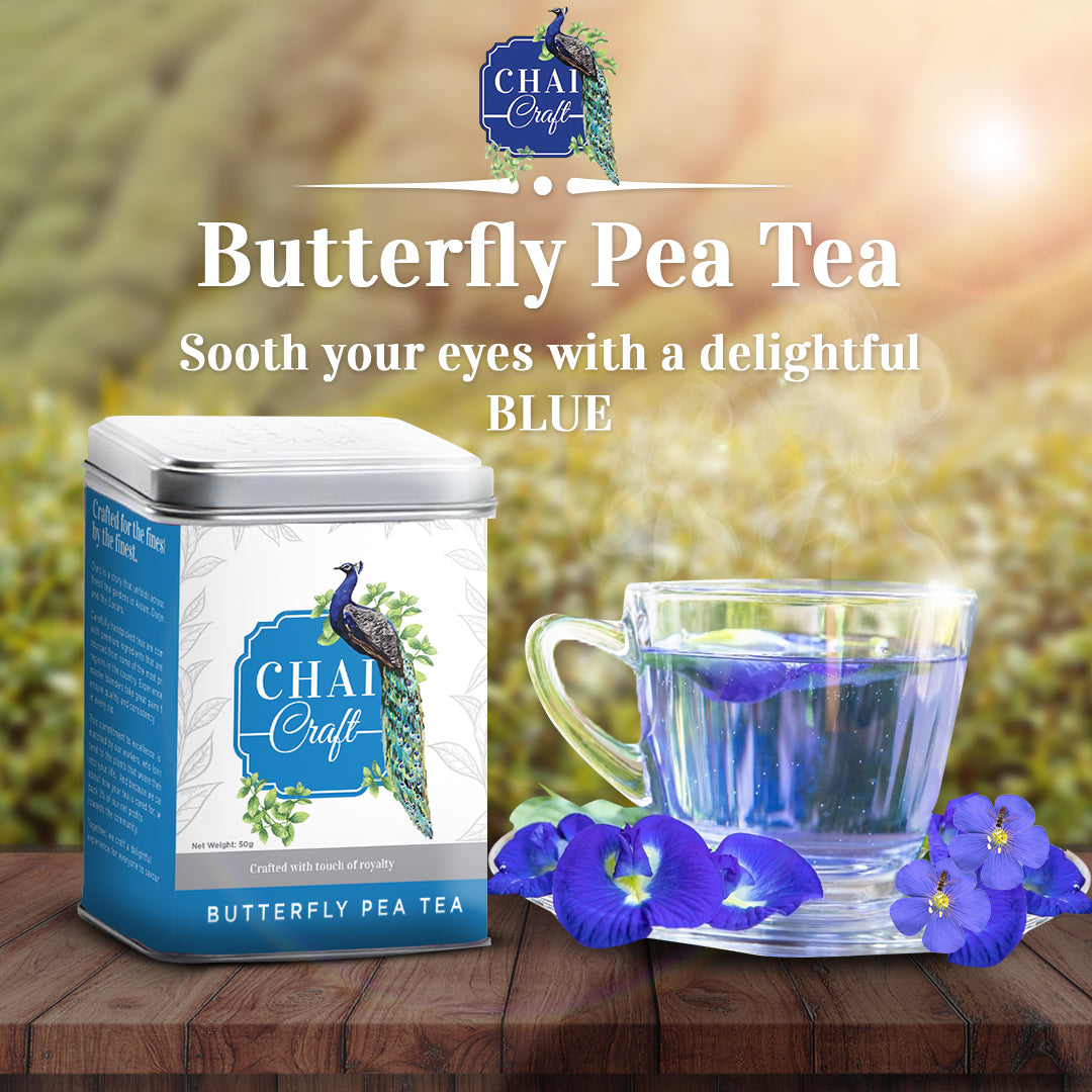 Chai Craft Butterfly Pea tea tin box and brewed tea
