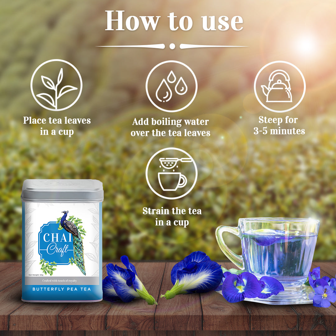 How to brew butterfly pea tea with its tin box flowers and cup of tea
