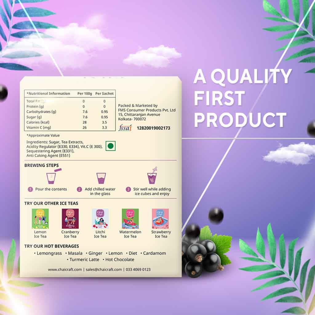 Chai Craft Blackcurrant Instant Ice Tea box back image with nutritional information and brewing steps