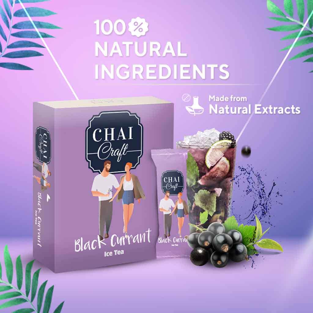 Chai Craft Blackcurrant Instant Ice Tea box with sachet and iced tea natural ingredient