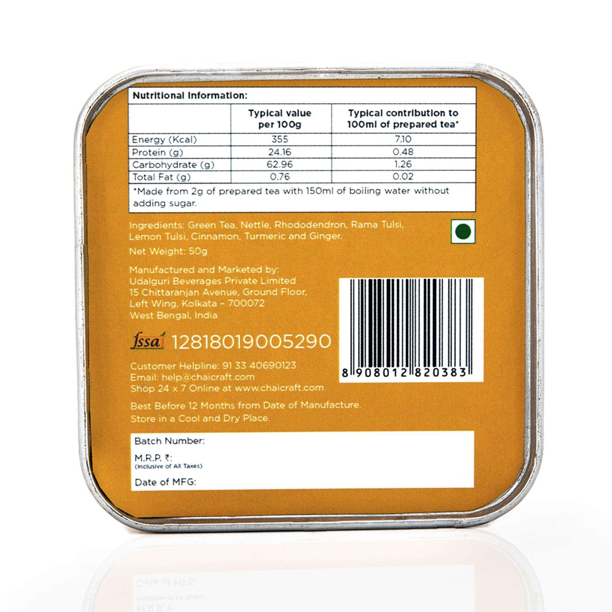 Anti Inflammatory Tea Pain Check bottom with nutritional information price and barcode 
