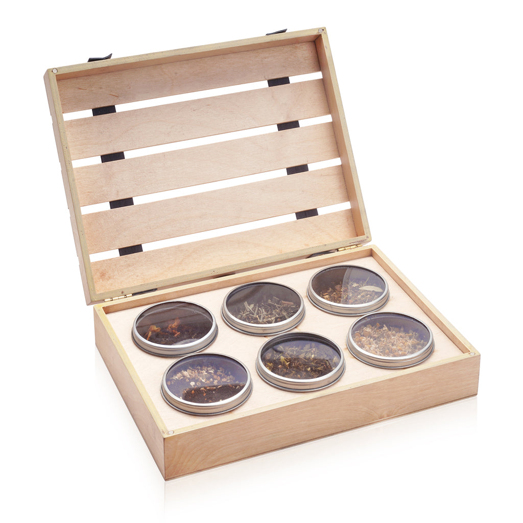 Boxful of flavours-  6 loose leaf tin caddies leather Straps Pine Box